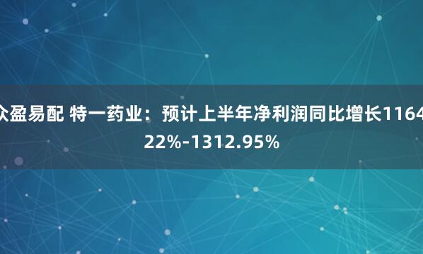众盈易配 特一药业：预计上半年净利润同比增长1164.22%-1312.95%